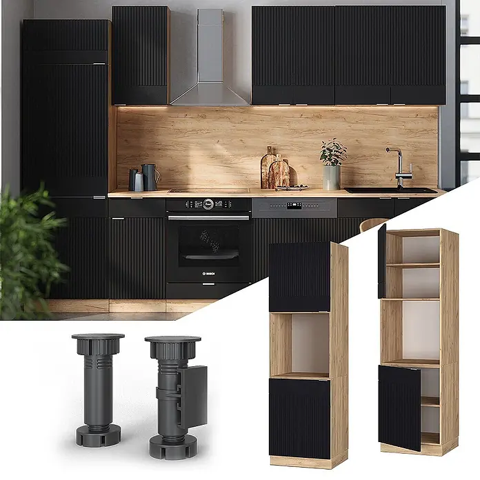 Vicco Schrankküche Fame-Line Schwarz gestreift offen - Schwarz gestreift, Herdumbauschrank 60 cm - Moderne Küche mit schwarzen geriffelten Schränken, hellen Holzelementen und verstellbaren Füßen.
