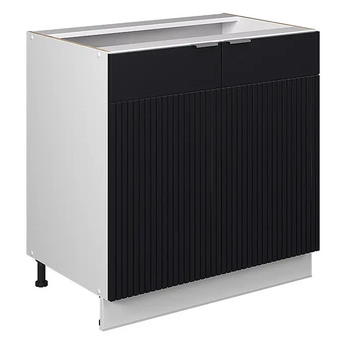 Vicco Schrankküche Fame-Line Schwarz gestreift mit Regal, ohne Arbeitsplatte - Schwarz gestreift, Unterschrank 80 cm - Schwarz-weißer Küchenunterschrank mit gerippten Türen und einer oberen Schublade.