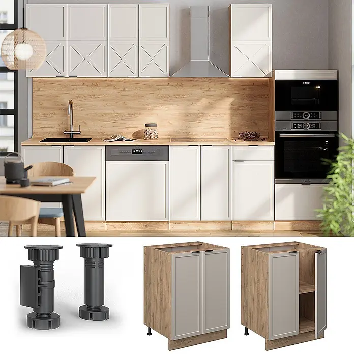 Vicco Schrankküche Fame-Line GrauBeige, AP Eiche - GrauBeige, Unterschrank 60 cm, AP Eiche - Modulares Küchensystem mit hellen Schränken, Holzelementen und integrierten Geräten, inklusive Detailansichten von verstellbaren Füßen und Unterschränken.