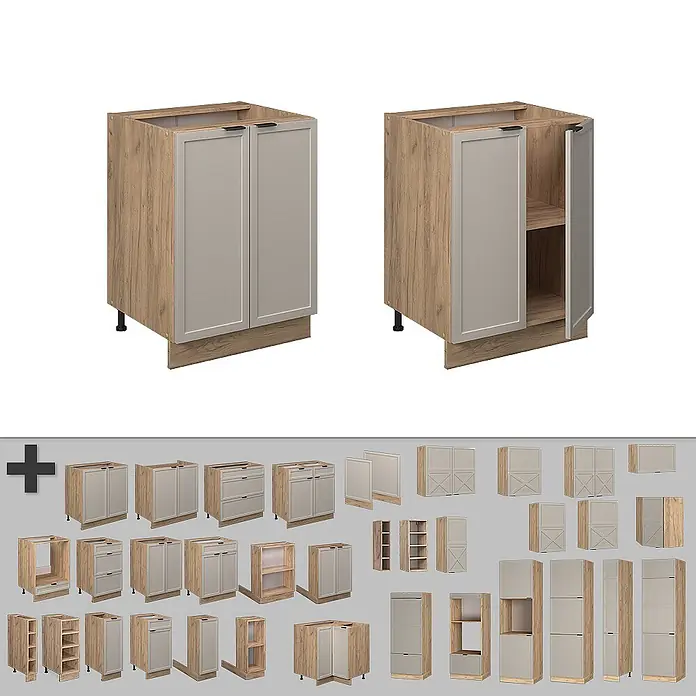 Vicco Schrankküche Fame-Line GrauBeige, AP Eiche - GrauBeige, Unterschrank 60 cm, AP Eiche - Modulare Küchenschränke mit hellem Holz-Effekt Korpus und hellgrauen Shaker-Türen, verschiedene Unter-, Ober- und Hochschränke.