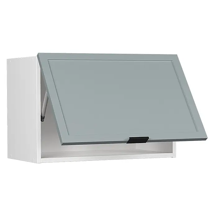 Vicco Schrankküche Fame-Line Hellblau-grau Flach - Hellblau-grau, Hängeschrank 60 cm (flach) - Weißer Wandschrank mit hellgrauer Klapptür und schwarzem Griff, geöffnet durch Gasdruckfeder.