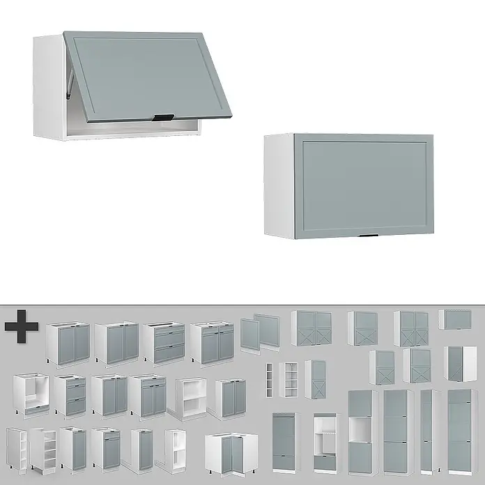 Vicco Schrankküche Fame-Line Hellblau-grau Flach - Hellblau-grau, Hängeschrank 60 cm (flach) - Sammlung modularer Küchenschränke in Hellgrau und Weiß, mit Wand-, Unter- und Hochschränken, Türen und Regalen.