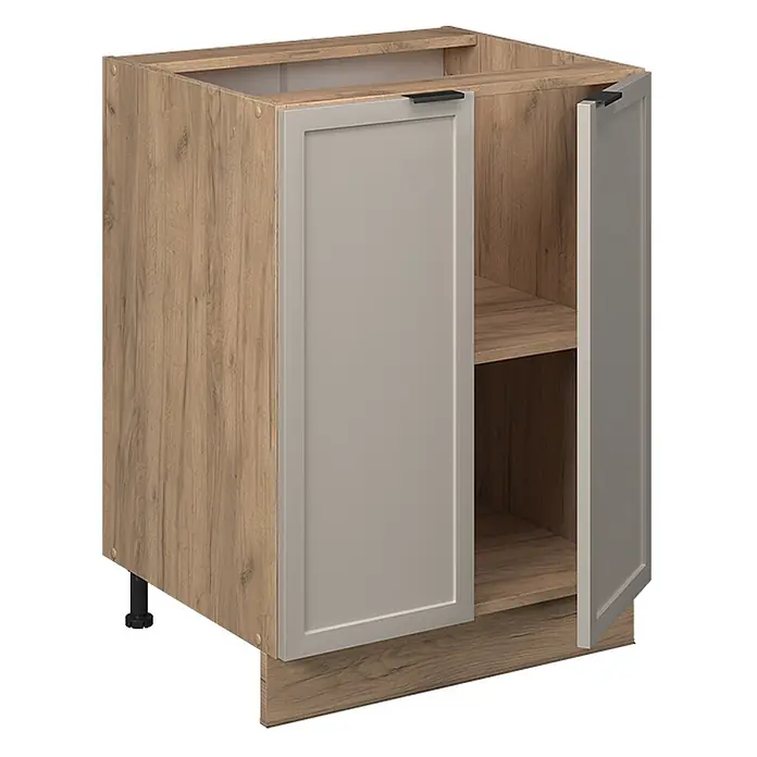 Vicco Schrankküche Fame-Line GrauBeige, AP Eiche - GrauBeige, Unterschrank 60 cm, AP Eiche - Küchenunterschrank mit Holzmaserung, zwei hellgrauen Paneeltüren mit schwarzen Griffen und einem Einlegeboden.
