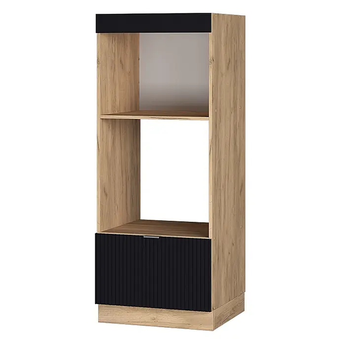 Vicco Mikrowellenschrank Fame-Line, Schwarz gestreift, 60 cm -  - Eichenholz-Optik Aufbewahrungsschrank mit schwarzer Platte, zwei offenen Fächern und einer schwarzen geriffelten Schublade.
