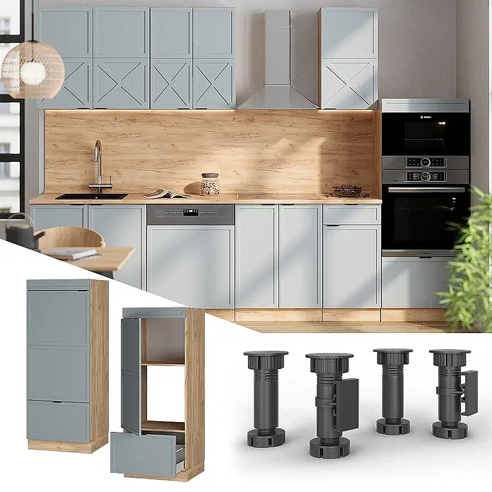 Vicco Schrankküche Fame-Line Hellblau-grau - Hellblau-grau, Mikrowellenumbauschrank 60 cm - Hellblau-graue Küchenschränke mit Holz-Arbeitsplatten, passendem Hochschrank und schwarzen verstellbaren Möbelfüßen.