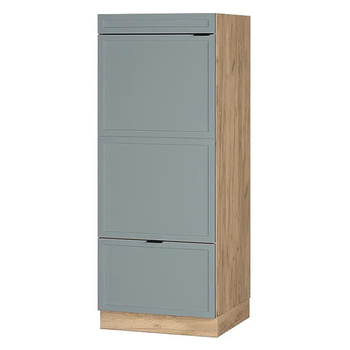 Vicco Schrankküche Fame-Line Hellblau-grau - Hellblau-grau, Mikrowellenumbauschrank 60 cm - Hoher Schrank mit drei grauen Paneeltüren/Schubladen und hellen Holz-Seitenpaneelen.