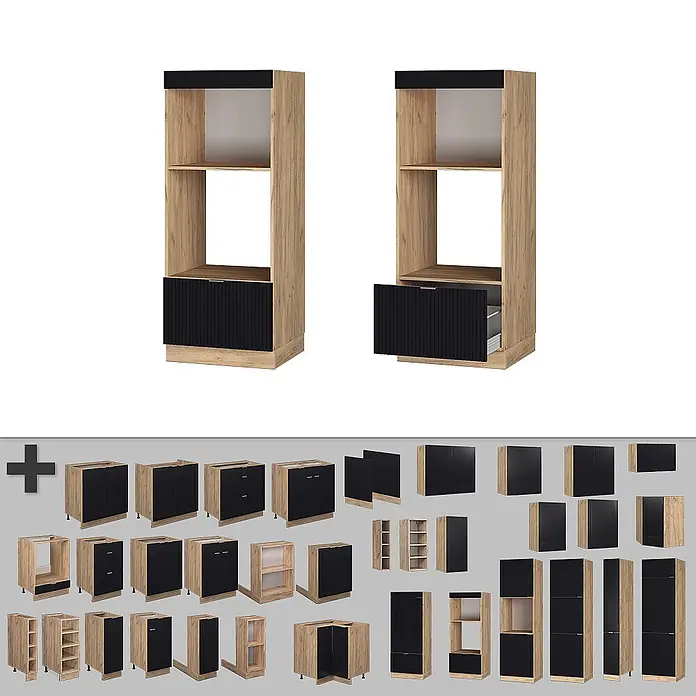 Vicco Mikrowellenschrank Fame-Line, Schwarz gestreift, 60 cm -  - Modulare Küchenschränke aus hellem Holz mit schwarzen geriffelten Türen und Schubladen, verschiedene Korpus-Typen.