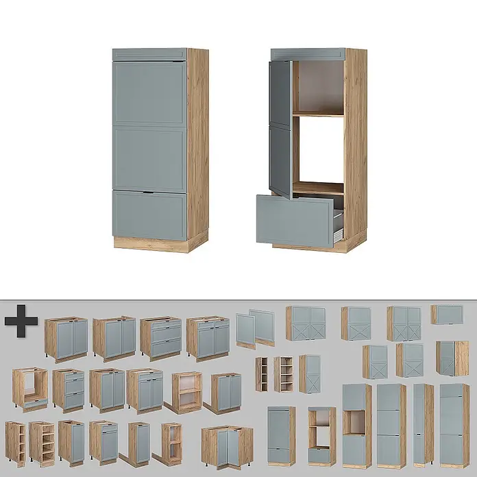 Vicco Schrankküche Fame-Line Hellblau-grau - Hellblau-grau, Mikrowellenumbauschrank 60 cm - Modulare Küchenschränke: heller Holzrahmen, mattgraue Türen. Verschiedene Einheiten: Hochschränke, Unterschränke und Eckschränke mit Türen und Schubladen.