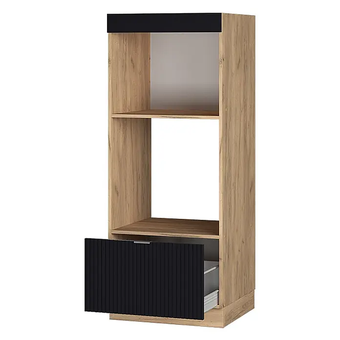 Vicco Mikrowellenschrank Fame-Line, Schwarz gestreift, 60 cm -  - Schrank in Eichenoptik mit schwarzer Oberplatte und gerippter Schublade, mit offenen Ablagefächern.