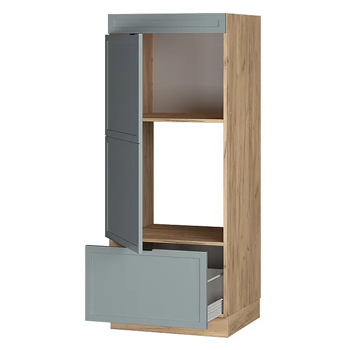 Vicco Schrankküche Fame-Line Hellblau-grau - Hellblau-grau, Mikrowellenumbauschrank 60 cm - Hoher Küchenschrank in Holzoptik mit grauen Türen, einer offenen Tür, und einer offenen Schublade für ein Einbaugerät.
