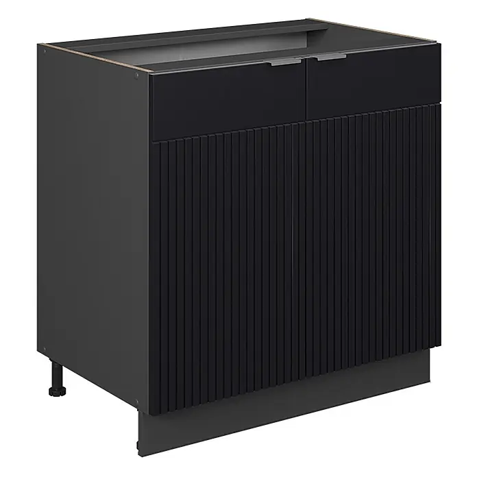 Vicco Schrankküche Fame-Line Schwarz gestreift mit Regal, ohne Arbeitsplatte - Schwarz gestreift, Unterschrank 80 cm - Schwarzer Küchenunterschrank mit geriffelten Türen und integrierten Griffen.
