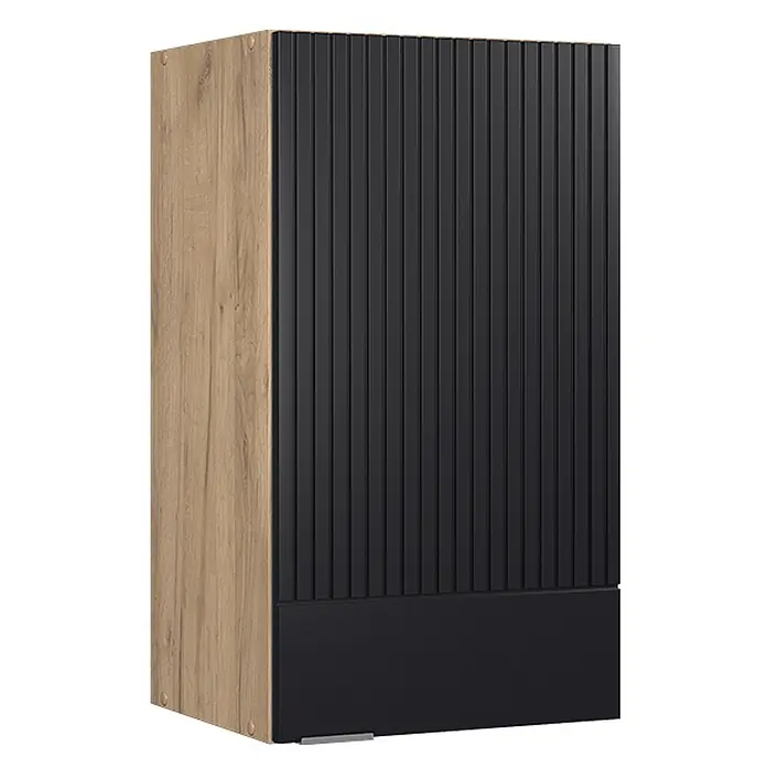 Vicco Schrankküche Fame-Line Schwarz gestreift - Schwarz gestreift, Hängeschrank 40 cm - Schrank mit Holzoptik-Seite und schwarzer Frontplatte mit vertikalen Rillen.