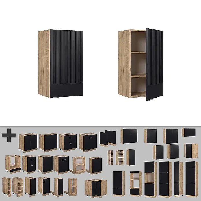 Vicco Schrankküche Fame-Line Schwarz gestreift - Schwarz gestreift, Hängeschrank 40 cm - Modulare Küchenschränke mit schwarzen geriffelten Fronten und hellen Holzrahmen, in verschiedenen Konfigurationen.