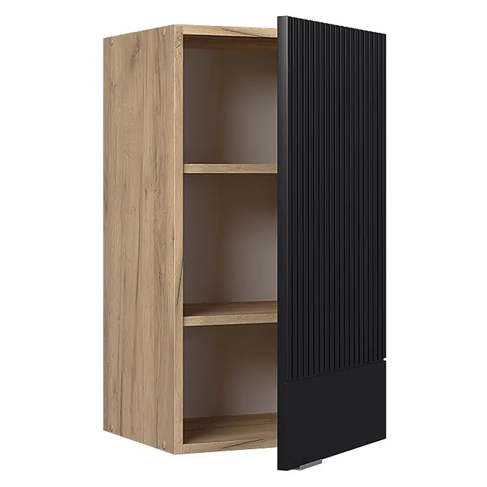 Vicco Schrankküche Fame-Line Schwarz gestreift - Schwarz gestreift, Hängeschrank 40 cm - Holzschrank in heller Eichenoptik mit teilweise offener schwarzer geriffelter Tür, der Innenfächer zeigt.