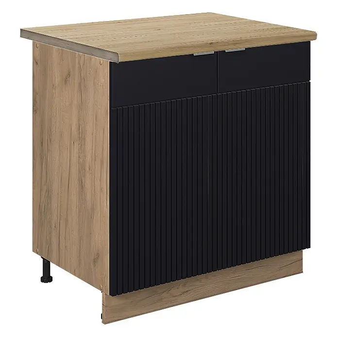 Vicco Schrankküche Fame-Line Schwarz gestreift mit Regal, AP Eiche - Schwarz gestreift, Unterschrank 80 cm, AP Eiche - Holzfarbener Schrank mit schwarzer geriffelter Front, zwei Schubladen und zwei Türen. Mit heller Holzplatte und Sockel.