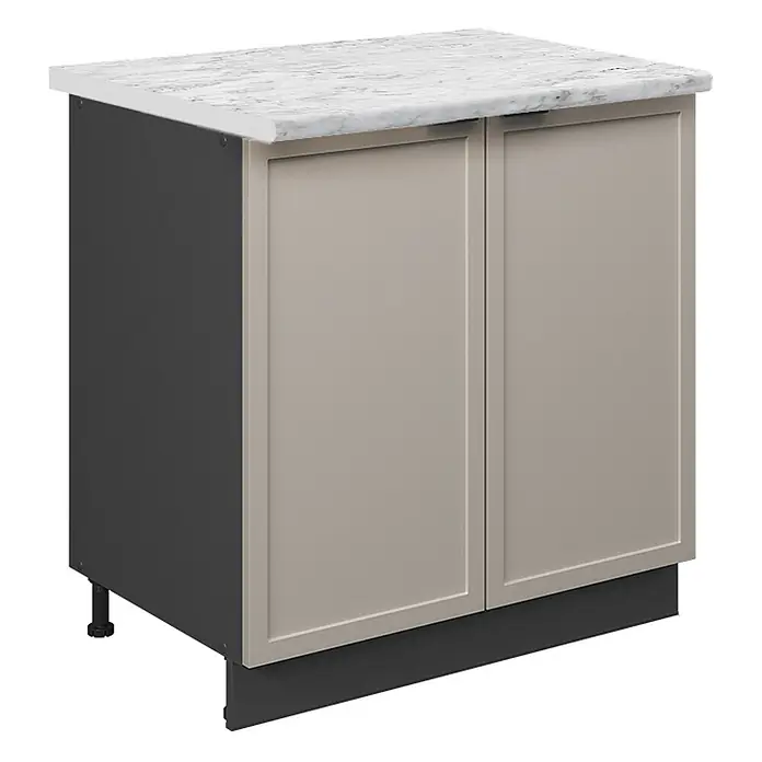 Vicco Schrankküche Fame-Line GrauBeige mit Regal, AP Marmor - GrauBeige, Unterschrank 80 cm, AP Marmor - Beiger zweitüriger Unterschrank mit weißer Arbeitsplatte in Marmoroptik und dunkelgrauem Korpus.