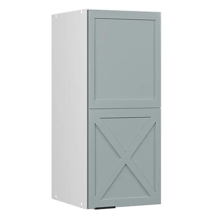 Vicco Schrankküche Fame-Line Hellblau-grau - Hellblau-grau, Hängeschrank 30 cm - Grauer Hängeschrank mit weißer Seite, zwei Türen; obere kassettiert, untere mit X-Design.