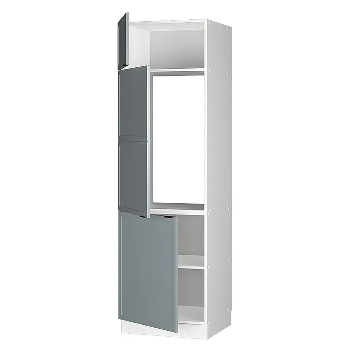 Vicco Schrankküche Fame-Line Hellblau-grau - Hellblau-grau, Kühlumbauschrank 60 cm - Hoher weißer Küchenschrank mit geöffneten grauen Türen, zeigt Regale und Geräteöffnung.