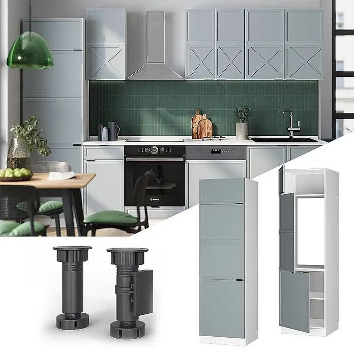Vicco Schrankküche Fame-Line Hellblau-grau - Hellblau-grau, Kühlumbauschrank 60 cm - Moderne hellblau-graue Küche mit Ofen, Geschirrspüler und grüner Rückwand. Verstellbare Möbelfüße und ein hoher Schrank sind ebenfalls abgebildet.