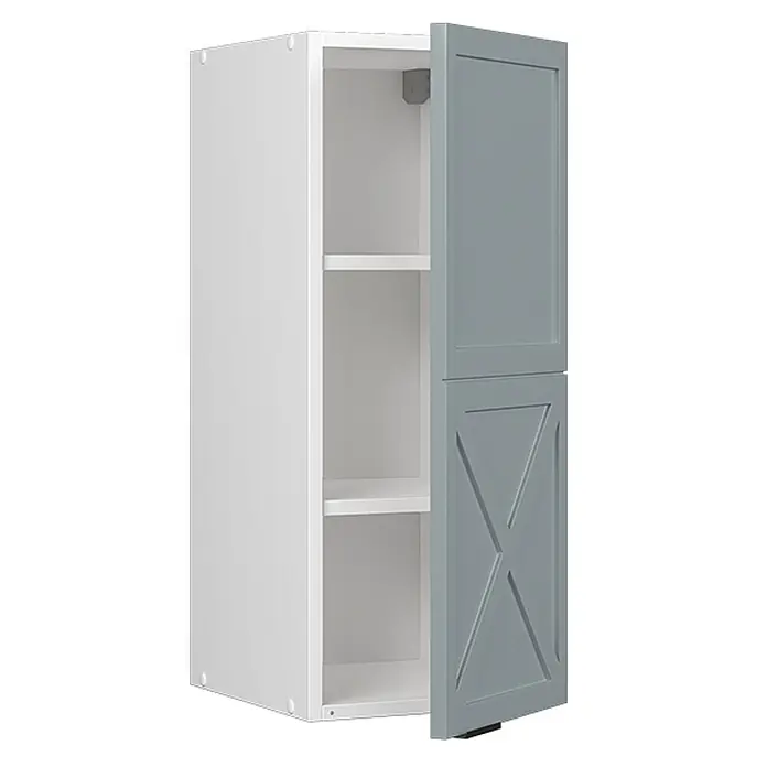 Vicco Schrankküche Fame-Line Hellblau-grau - Hellblau-grau, Hängeschrank 30 cm - Weißer Wandschrank mit offener grauer Tür im Scheunentor-Stil, die zwei Innenregale zeigt.