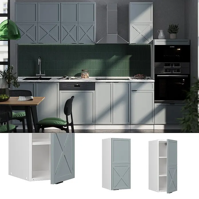 Vicco Schrankküche Fame-Line Hellblau-grau - Hellblau-grau, Hängeschrank 30 cm - Graue Küchenschränke mit dekorativen X-Muster-Türen, in einer Küche und als modulare Einheiten mit Regalen dargestellt.