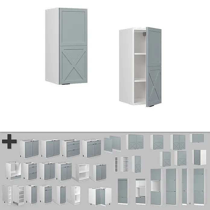 Vicco Schrankküche Fame-Line Hellblau-grau - Hellblau-grau, Hängeschrank 30 cm - Hoher weißer Küchenschrank mit zwei grauen Scheunentor-Türen, geschlossen und geöffnet mit Regalen gezeigt.