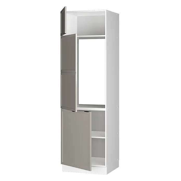 Vicco Schrankküche Fame-Line GrauBeige - GrauBeige, Kühlumbauschrank 60 cm - Weißer hoher Küchenschrank mit offenen taupefarbenen Türen, inklusive zentraler Geräteöffnung und Stauraum.