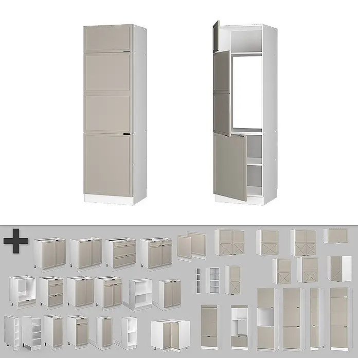 Vicco Schrankküche Fame-Line GrauBeige - GrauBeige, Kühlumbauschrank 60 cm - Hoher Küchenschrank mit helltaupefarbenen Türen und weißem Innenraum, geschlossen und geöffnet dargestellt.
