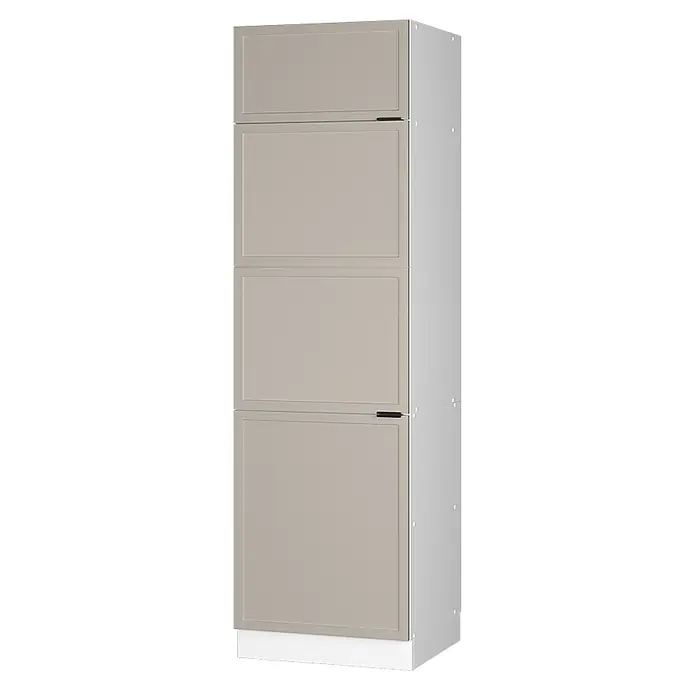 Vicco Schrankküche Fame-Line GrauBeige - GrauBeige, Kühlumbauschrank 60 cm - Hoher beiger Schrank mit vier Rahmentüren und weißem Sockel.