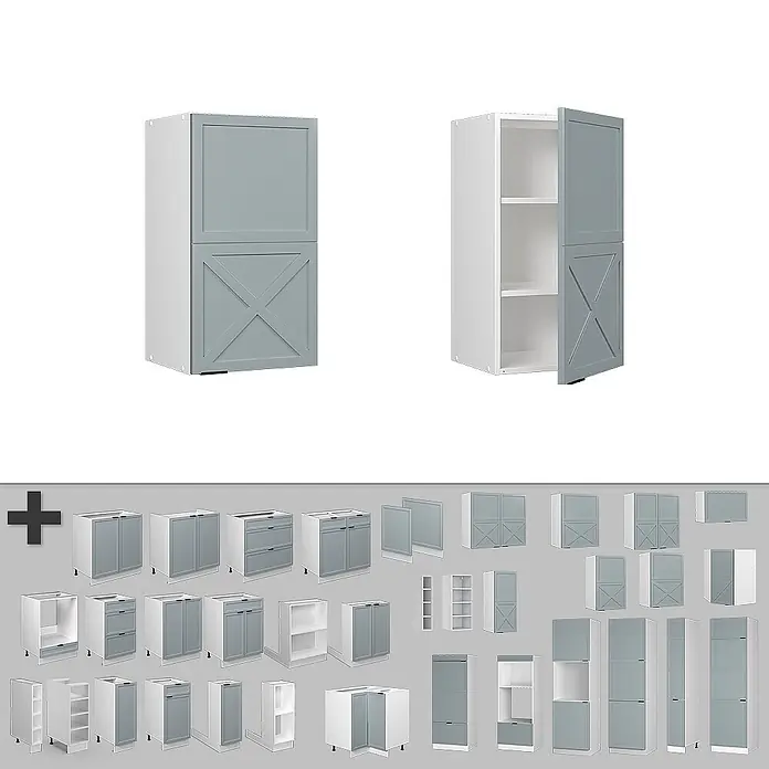 Vicco Schrankküche Fame-Line Hellblau-grau - Hellblau-grau, Hängeschrank 40 cm - Hellgrauer Hochschrank im Scheunentor-Stil, offen und geschlossen. Eine Auswahl passender Küchenmodule.
