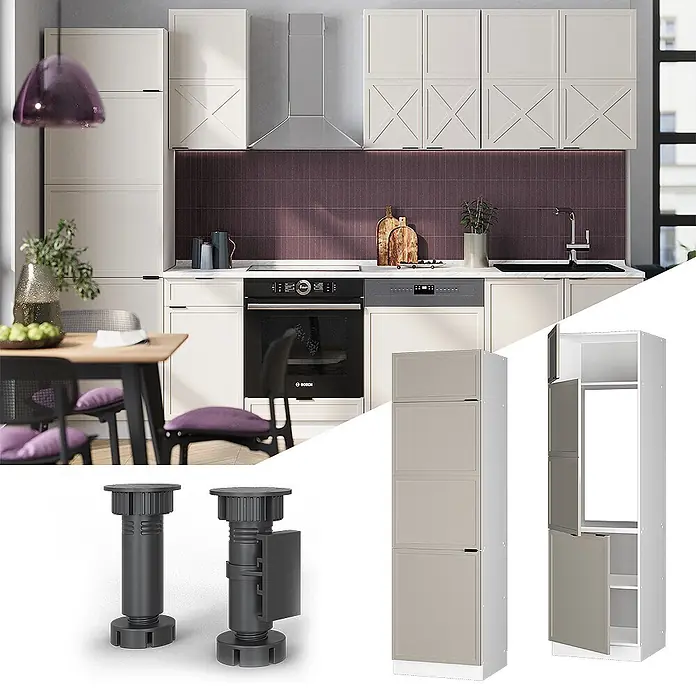 Vicco Schrankküche Fame-Line GrauBeige - GrauBeige, Kühlumbauschrank 60 cm - Hoher, hellbeiger Küchenschrank (geschlossen/offen) und dunkelgraue, verstellbare Möbelfüße.