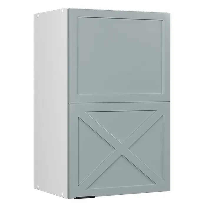 Vicco Schrankküche Fame-Line Hellblau-grau - Hellblau-grau, Hängeschrank 45 cm - Zweitüriger Schrank mit weißem Korpus und hellgrauen Türen. Die obere Tür hat eine klassische Kassettenfüllung, die untere ein X-Design.