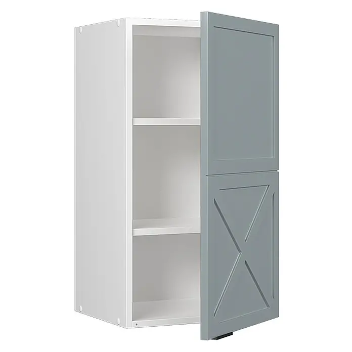 Vicco Schrankküche Fame-Line Hellblau-grau - Hellblau-grau, Hängeschrank 40 cm - Weißer Schrank mit zwei grauen Türen, eine offen, die Regalböden zeigt. Die untere Tür hat eine X-förmige Zierblende.