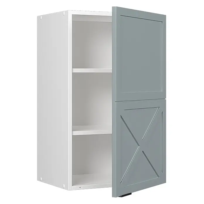 Vicco Schrankküche Fame-Line Hellblau-grau - Hellblau-grau, Hängeschrank 45 cm - Weißer Hängeschrank mit zwei grauen Shaker-Türen, eine schlicht, eine mit Kreuz. Innenfächer sichtbar, Türen leicht geöffnet.