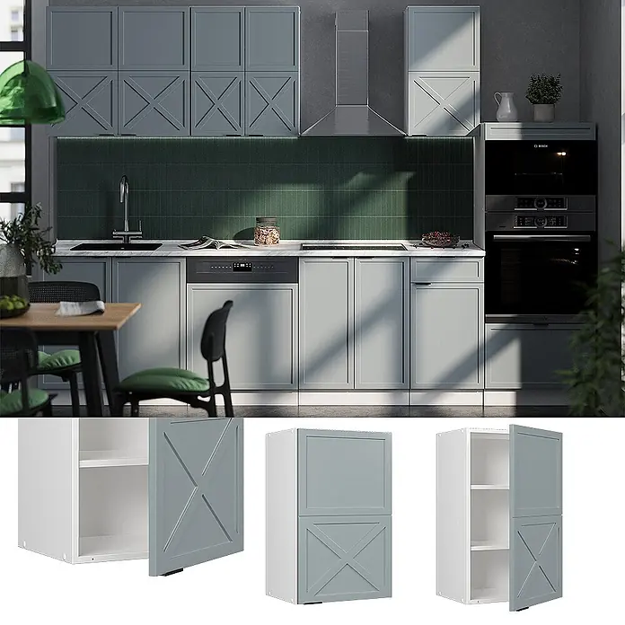 Vicco Schrankküche Fame-Line Hellblau-grau - Hellblau-grau, Hängeschrank 45 cm - Moderne graue Küchenschränke, teilweise mit dekorativen X-Muster-Türen, in ein zeitgenössisches Küchendesign integriert.