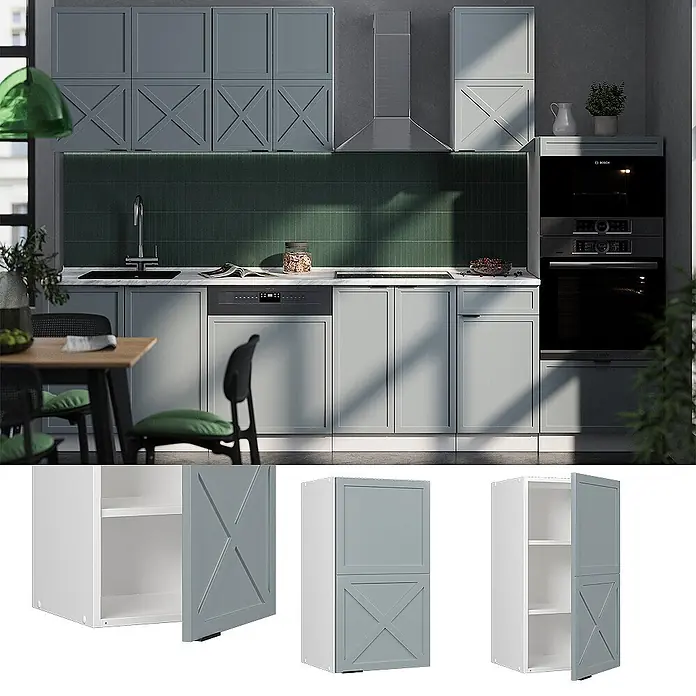 Vicco Schrankküche Fame-Line Hellblau-grau - Hellblau-grau, Hängeschrank 40 cm - Hellgraue Küchenschränke mit X-Muster-Türen, als Module und in einer modernen Küche gezeigt.
