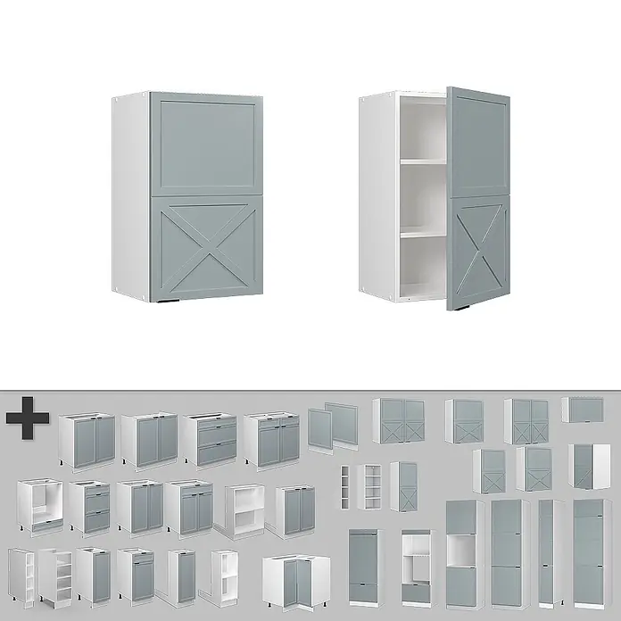 Vicco Schrankküche Fame-Line Hellblau-grau - Hellblau-grau, Hängeschrank 45 cm - Modulare Küchenschränke in Grau-Weiß mit Scheunentor-Design, offen und geschlossen, mit Regalen und Schubladen.