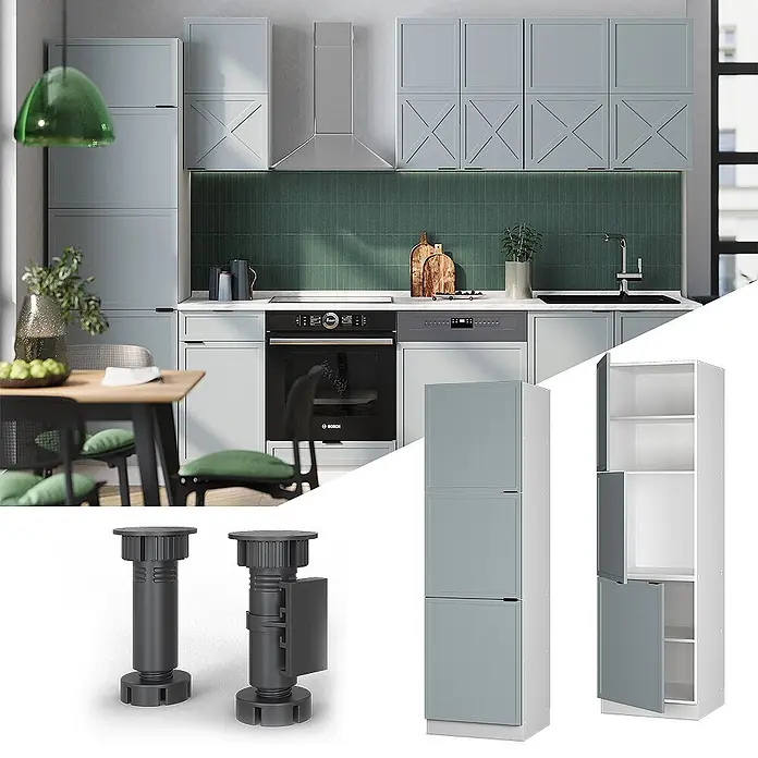 Vicco Schrankküche Fame-Line Hellblau-grau - Hellblau-grau, Vorratsschrank 60 cm - Moderne hellgraue Küchenschränke mit Kreuzmuster-Türen, integrierten Geräten und separater Ansicht dunkelgrauer verstellbarer Möbelbeine.