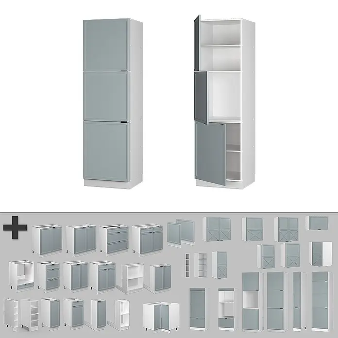 Vicco Schrankküche Fame-Line Hellblau-grau - Hellblau-grau, Vorratsschrank 60 cm - Hoher Küchenschrank mit grauen Türen und weißen Einlegeböden, daneben passende modulare Einheiten.