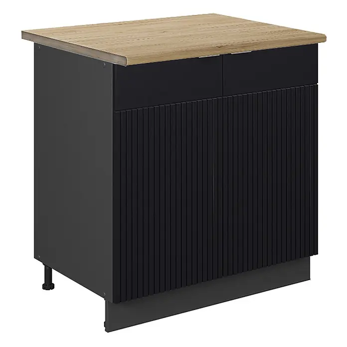Vicco Küchenunterschrank Fame-Line, Schwarz gestreift/Anthrazit 80 cm -  - Dunkelgrauer Küchenunterschrank mit Holzdekorplatte, schwarzer Rillenfront und zwei Schubladen.