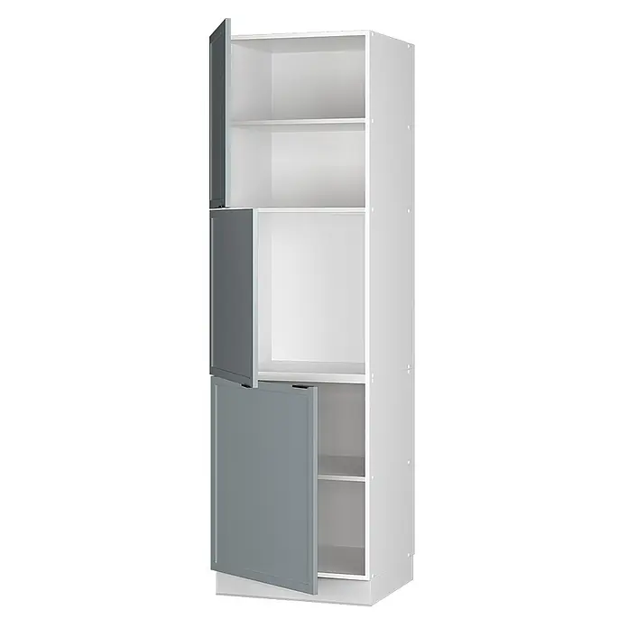 Vicco Schrankküche Fame-Line Hellblau-grau - Hellblau-grau, Vorratsschrank 60 cm - Weißer Hochschrank mit drei offenen grauen Türen und internen Regalböden.