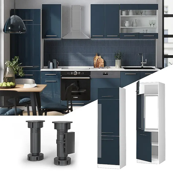 Vicco Schrankküche Fame-Line Dunkelblau Hochglanz - Dunkelblau Hochglanz, Kühlumbauschrank 60 cm - Moderne Küche mit hochglänzenden blauen Schränken, integrierten Geräten, verstellbaren Füßen und modularen Ober- und Unterschränken.