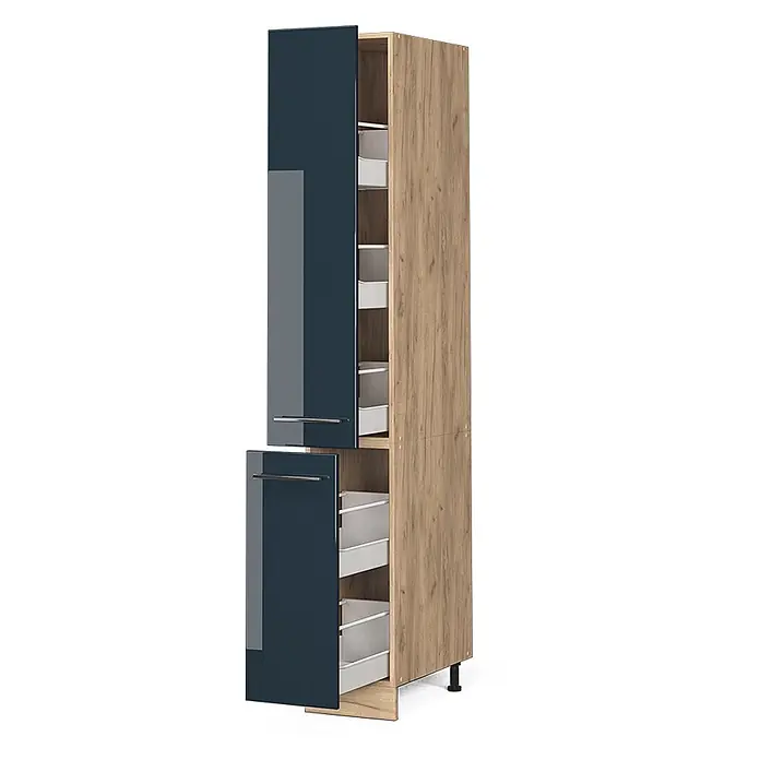 Vicco Schrankküche Fame-Line Dunkelblau Hochglanz - Breite: 30 cm, Dunkelblau Hochglanz, Apothekerhochschrank 30 cm - Hoher Vorratsschrank mit hellem Holz-Korpus, dunkelblauen Hochglanztüren und internen Auszugskörben.