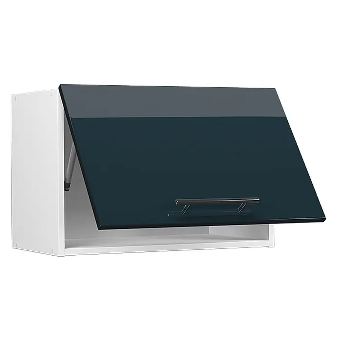 Vicco Schrankküche Fame-Line Dunkelblau Hochglanz Flach - Breite: 60 cm, Dunkelblau Hochglanz, Hängeschrank 60 cm (flach) - Weißer Schrank mit offener hochglänzender dunkelblauer Klappe und silbernem Griff.