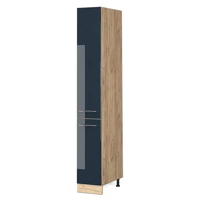 Vicco Schrankküche Fame-Line Dunkelblau Hochglanz - Breite: 30 cm, Dunkelblau Hochglanz, Apothekerhochschrank 30 cm - Hoher zweifarbiger Schrank mit dunkelblauer Hochglanztür und heller Holzmaserung, auf Füßen.
