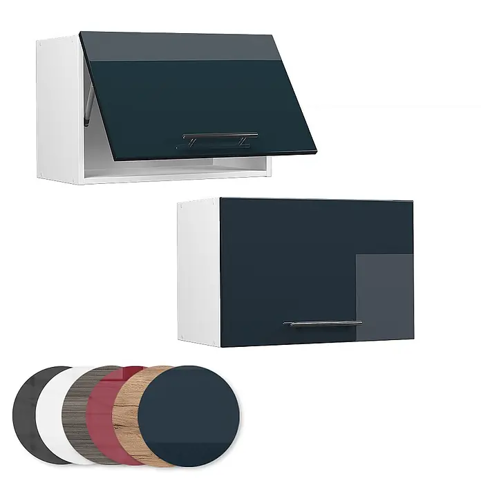Vicco Schrankküche Fame-Line Dunkelblau Hochglanz Flach - Breite: 60 cm, Dunkelblau Hochglanz, Hängeschrank 60 cm (flach) - Zwei weiße Hängeschränke mit glänzenden dunkelblauen Türen und Metallgriffen. Darunter runde Muster verschiedener Oberflächen.