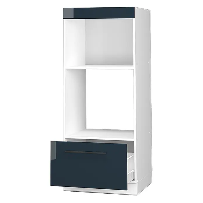 Vicco Schrankküche Fame-Line Dunkelblau Hochglanz offen - Breite: 60 cm, Dunkelblau Hochglanz, Mikrowellenumbauschrank 60 cm - Weißer Hochschrank mit zwei offenen Fächern und einer dunkelblau-grauen, teils geöffneten Schublade.
