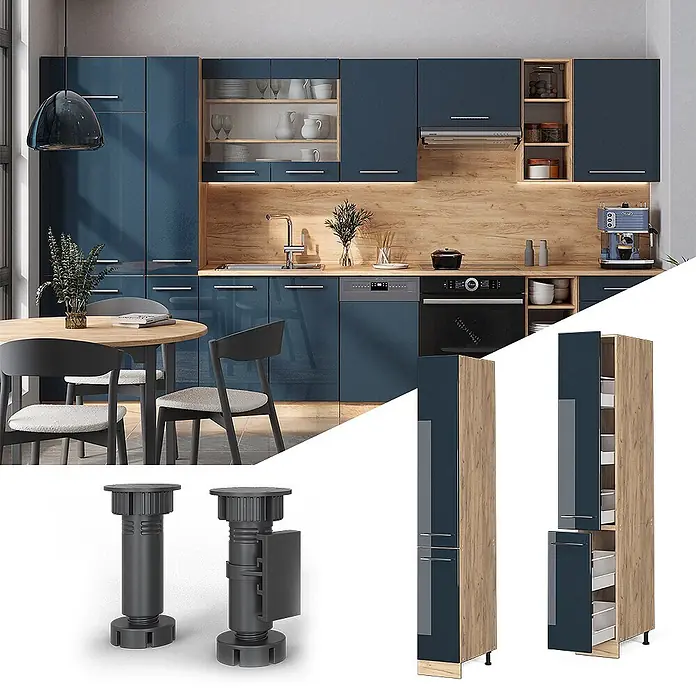 Vicco Schrankküche Fame-Line Dunkelblau Hochglanz - Breite: 30 cm, Dunkelblau Hochglanz, Apothekerhochschrank 30 cm - Hochglanzblaue und holzfarbene modulare Küchenschränke, inkl. Unterschränke, Hängeschränke, Hochschränke und verstellbare Füße.
