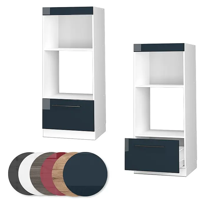 Vicco Schrankküche Fame-Line Dunkelblau Hochglanz offen - Breite: 60 cm, Dunkelblau Hochglanz, Mikrowellenumbauschrank 60 cm - Hoher weißer Küchenschrank mit dunkelblauem Auszug und offenen Fächern für Geräte. Ein Auszug ist teilweise geöffnet.