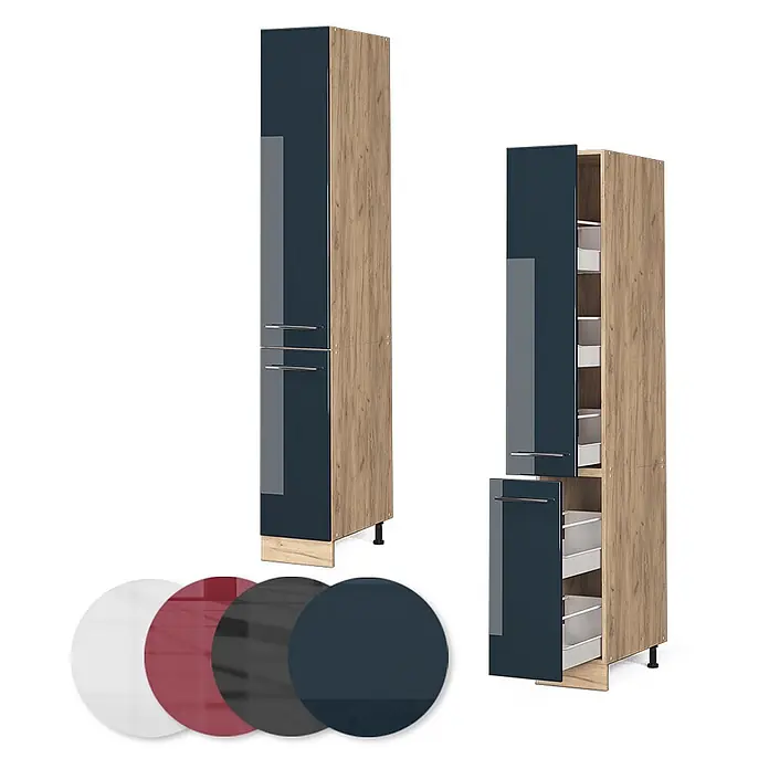 Vicco Schrankküche Fame-Line Dunkelblau Hochglanz - Breite: 30 cm, Dunkelblau Hochglanz, Apothekerhochschrank 30 cm - Hohe Schränke mit dunkelblauen Hochglanzfronten, Holzoptik-Seiten. Einer geschlossen, einer offen mit Auszugskörben. Farboptionen: weiß, rot, dunkelgrau, dunkelblau.